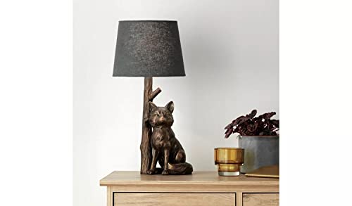 AIDNI Fox Table Lamp, Bronze Sculpture Base, Grey Fabric Shade