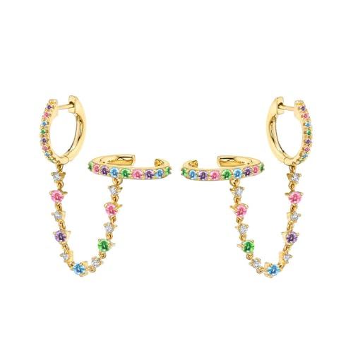 Minimalist Cuff Small Hoop Cubic Zirconia Chain Climber Crawler Earrings for Women Cartilage 925 Sterling Silver Post Hypoallergenic Fashion Threader Crystal Huggie Clip Hoops Gifts Bff Birthday Her