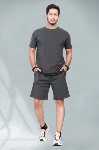 Image of HOODMASTER Men's Cotton Night Suit Set of Top & Knee Length Shorts with Round Neck Half Sleeves Solid Pattern Regular Fit and Standard Length | Mens Cotton Night Suit | T-Shirt and Shorts Sets