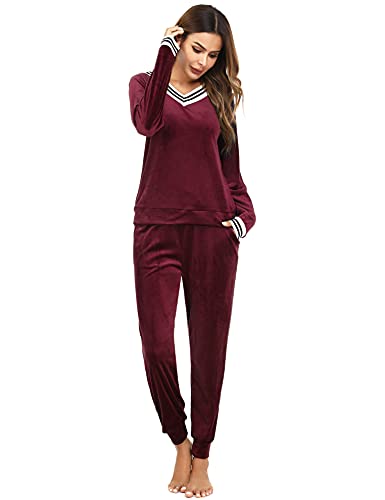 Totatuit Ensemble de Pyjama en Velours pour Femmes Long Décontracté col en V Elvet Pull et Bas Ensembles de Vêtements de Nuit Décontractés Bordeaux，L