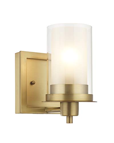 Designers Impressions Juno Brushed Brass 1 Light Wall Sconce/Bathroom Vanity Light Fixture with Clear and Frosted Glass: 73485