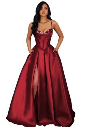 Qrttweuu Satin Spaghetti Straps Maxi Prom Dress for Teens Glitter A Line Corset Formal Evening Dress...
