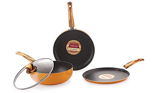 Image of Nirlon Orange Flamy 4-Piece Aluminium Non Stick Dishwasher Safe Cookware Gift Set with Glass Lid (Compatible with All Gas & stovetops Only)