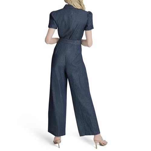 Image of DKNY Women's Belted Polo Collar Ruched Sleeve Jumpsuit