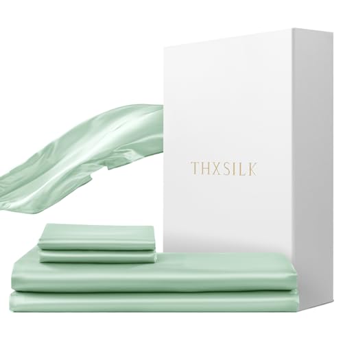 THXSILK Seidenbettwäsche Set 2 teilig，Bettbezug 135 x 200 cm und 40 x 80 cm Kissenbezug, Luxus Seide Bettwäsche Set, Super Weich und Glatt, Hellgrün
