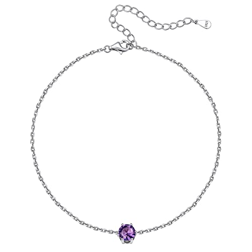 ChicSilver 925 Sterling Silver Ankle Bracelet for Women Teen Girls, Minimalist Delicate 6mm Round Cut Synthetic Purple Amethyst Crystal February Birthstone Anklets Beach Foot Jewelry