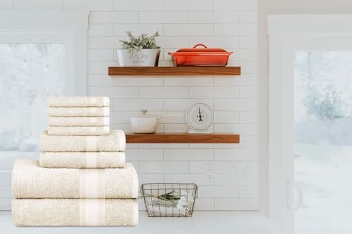 Image of DecorRack 8-Piece Bath Towel Set, Premium Combed Cotton, Highly Absorbent, Super Soft, Quick Dry, 2 Bath Towels, 2 Hand Towels and 4 Washcloths, Ivory Cream (Set of 8)