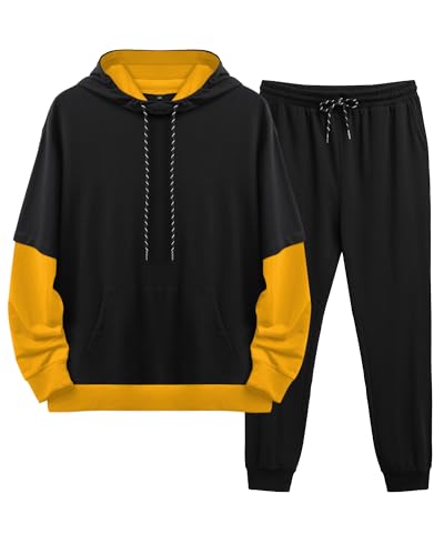LecGee Men 2 Piece Tracksuit Outfit Contrast Color Patchwork Hoodie Sweatshirt Sweatpants Casual Jogging Sweatsuit Set
