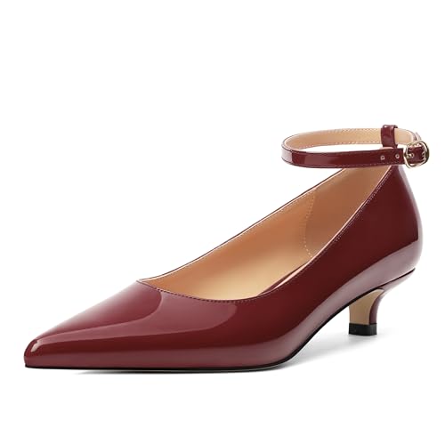Womens Kitten Low Heel Pointed Toe Pumps Ankle Strap Buckle Party Office Dress Heels Shoes 1.4 Inches