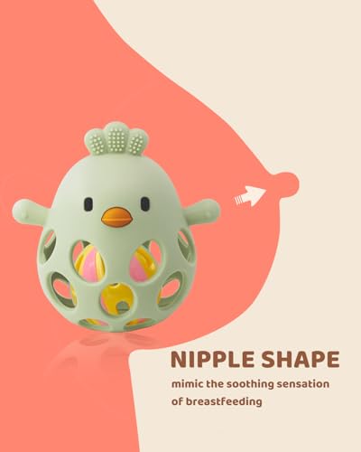 Image of Baby Teething Chick Toy, Upgraded Easy Grasp Silicone Teething Rattle Ball Toy for Babies Over 3 Months, 100% Food Grade, Gift for Infant Boys and Girls 0-6-12 Months (Green)