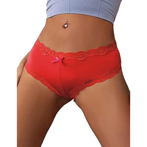 ohyeahlady Women's Lace Satin Panties seamless Knickers Ladies Stretchy Low Rise Bikini Briefs Hipster Lace Underwear for Female Red Cover