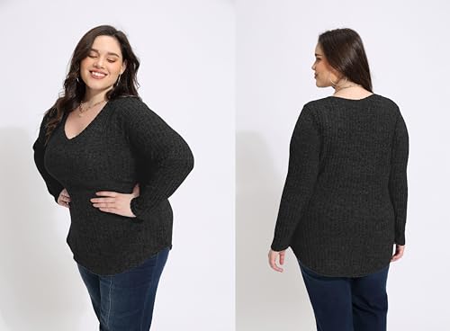 Image of RITERA Plus Size Sweater, Ribbed Long Sleeve Solid Top for Women | Soft vertical ribbed knit, modest V neck, loose long sleeves, curved swing hem, slimming casual layering top for curvy women