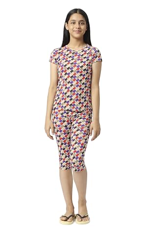 Image of SINI MINI Round Neck with Half Sleeve Top & Capri Beige Girls Casual Pack of 1 Night Suit Set