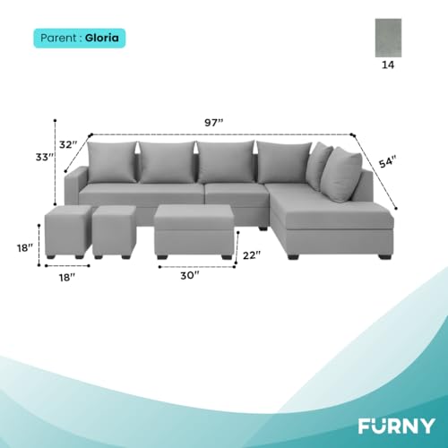 Image of FURNY Gloria 8 Seater Fabric RHS L Shape Sofa Set with 1 Centre Table & 2 Puffy (Light Grey) | Premium Velvet Finish | Ideal of Living Room