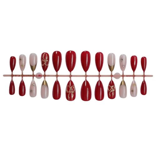 Image of Bow Star Press on Nails Red Fake Nails with Rhinestone Design Gold French Tip Glue on nails Medium Almond False Nails Glossy Artificial Acrylic Full Cover Stick on Nails for Women Manicure 24Pcs