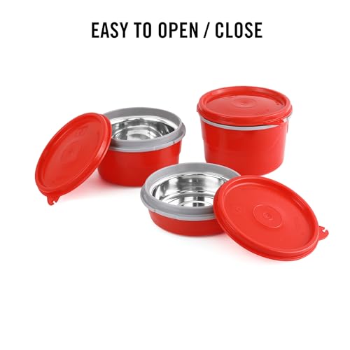 Image of CELLO MF Micro Insulated Lunch Box | Stainless Steel Inner | 3 Container with Leather Carry Pouch | Lunch Pack for Office & School, College Use | 3 Units | Red