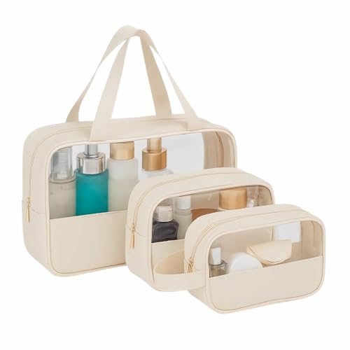 Kit Necessaire Transparente 3 em 1 Bolsa de Viagem para Maquiagem e Higiene Pessoal Unissex – Grande Capacidade, Organizador em PVC Impermeável, Ideal para Academia, Mala, Mala de Mão (Branco)