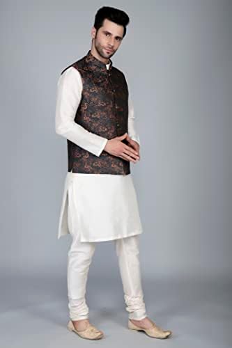 Ethluxis® Men's Silk Blend Kurta Churidar Pyjama with Ethnic Bundi Jacket Set