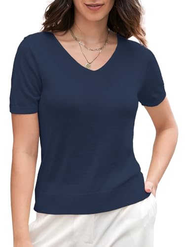 Image of SANGTREE Women's Short Sleeve Sweaters V Neck Casual Knit Pullover Tops | Perfect as a lightweight sweater for spring /summer or as a layering piece. Ideal for office, daily, holiday, home etc