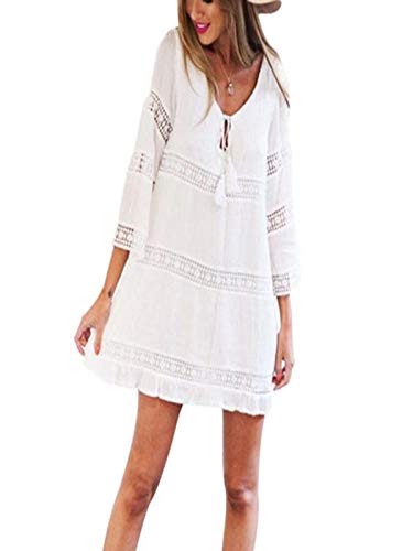 Xinantime Women Lace Mini Dress Summer Three Quarter Sleeve Beach Dresses Boho Floral V-Neck Mini Dress Casual Printed Formal Dress Boho Floral Dress White