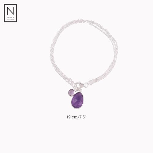 Image of NOVICA Artisan Handmade Amethyst Charm Bracelet Sterling Silver from India Purple Birthstone [7.5 in L x 0.2 in W Largest Piece 0.7 in H x 0.4 in W x 0.2 in D Smallest Piece 0.4 in H x 0.3 in W x 0.1]