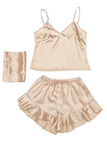 Lyaner Women's Satin V Neck Sleeveless Cami Tops And Ruffle Hem Shorts Pajamas Set Champagne Small #TOP25