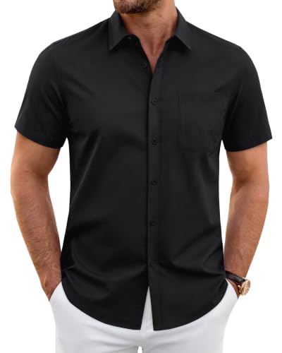J.VER Mens Button Down Short Sleeve Shirt Stretch Casual Shirt Summer Solid Untucked Formal Shirt with Pocket Black
