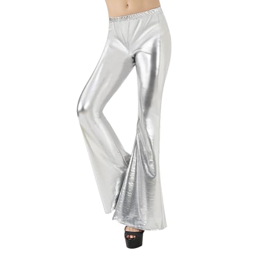 Generisch Pantalones acampanados de cintura alta para mujer con efecto metálico brillante, parte inferior elástica, pantalones anchos, plata, L