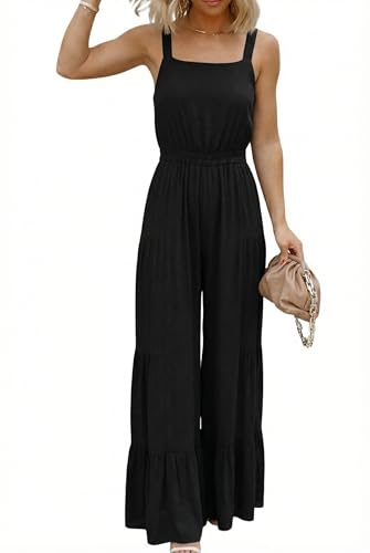 BLENCOT Jumpsuits For Women Casual Sleeveless Ruffle Wide Leg Rompers Dressy Flowy Summer Outfits Spring Boho Comfy Overalls Flare Loose Pant Black Medium