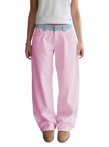 YEMORCH Pink Jeans for Women Spring Summer Casual Adjustable Waist