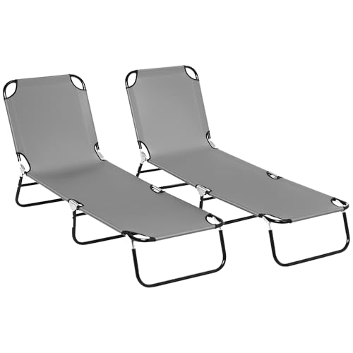 Outsunny Juego de 2 tumbonas plegables, cama de día al aire libre con respaldo ajustable de 5 posiciones, sillas de jardín reclinables portátiles con malla transpirable para playa, patio, gris oscuro