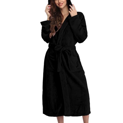 Generisch Albornoz hombre mujer algodón albornoz con bolsillos capucha y cinturón microfibra alta calidad batas invierno super absorbente para casa spa hotel, Negro , XL