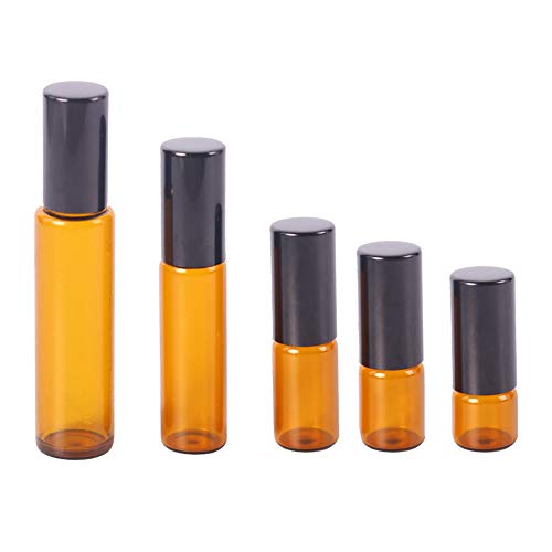 guohanfsh 5Pcs Essential Oil Bottles Portable Amber Glass Roller Ball Perfume Container Travel Refillable 10ml-Black