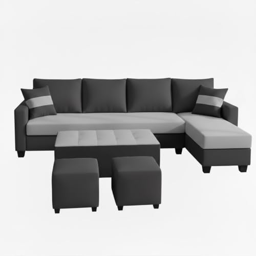 Image of CASASTYLE Adonway 8 Seater Fabric RHS L Shape Sofa Set (Light Grey-Dark Grey) Premium Velvet Finish | Ideal for Living Rooms