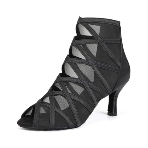 TINRYMX Women's Latin Dance Boots Ballrooom Salsa Tango Open Toe Performance Professional Dance Shoes, Model YCL445,Black-7.5CM,7.5(M) US Cover
