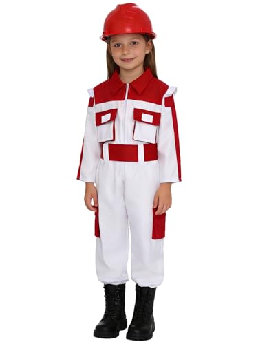 TSSOE Costume Électricien Enfant Unisexe Haut Pantalon Casque Gants Tenue Cosplay Ingénieur Halloween Carnaval Rouge 4-5 ans