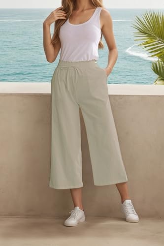 Image of LNX Womens Linen Capri Pants Wide Leg High Waisted Drawstring Casual Cropped Pants with Pockets