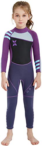 HIUGO 2.5mm 子供ウェットスーツ 男女兼用 キッズ ウェットスーツ 子供用 水着 男の子 女の子 スイムウェア 防寒保温 上下一体 ワンピース (長袖パープル, M)