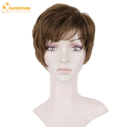 Image of 8 inch Layered Curl Synthetic Pixie Cut Wig for Women with Bangs Chestnut Brown