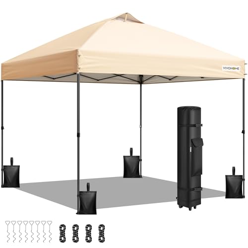 VIVOHOME 8x8ft Pop Up Canopy Tent One Push Setup Outdoor Portable Shelter Tent Heavy Duty with Wheel Carry Bag and 4 Sandbags, Beige