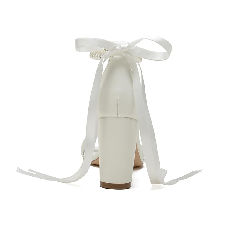 Women's Wedding Block Heels for Bride Women Pearls Chunky Heeled Pumps Open Toe Bridal Shoes Sandals2