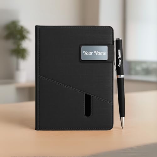 Image of Giftana Personalized Jute Diary with Pen Gift Set, 2 in 1 Customized Pen with Notebook Planner and Organiser Office A5 Diary, New Year Corporate Gifts for Employee (Black)
