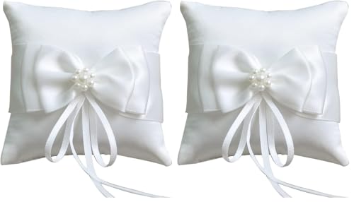 Image of Little World Ring Pillow Pearls, Decor Bridal Wedding Ivory Ring Bearer Pillow, 7.8 Inch x 7.8 Inch (White) (Pack of 2)