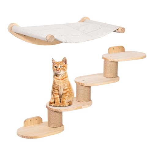 Todeco Kletterwand Katzen Wandmontage inkl. Katzentreppe & Katzenhängematte, Vierstufige Katzenkletterwand mit Jute-Kratzen für Katzen &...