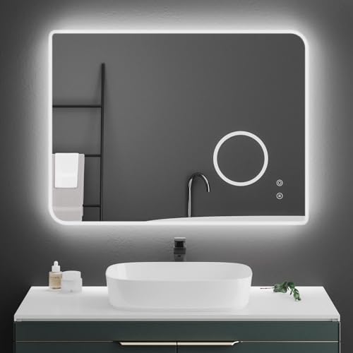 Mondeer Bathroom Mirror with LED Lights, 800×600 mm Wall Mounted Mirror with Illuminated Backlit 3x Magnification Demister and Dimmable Brightness for Bathroom