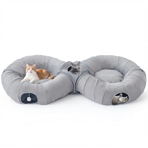 Image of Pawaboo 2-in-1 Cat Tunnel Bed for Indoor Cats, 8-Shaped Large Cat Tunnels with Plush Cushions, Foldable Cats Cave Hideout Kitty Toys with Fluffy Balls, Donut Tunnel for Kitten Rabbit Ferret, Grey