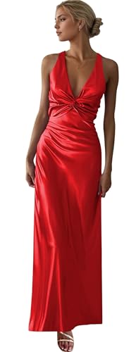 Satin Bridesmaid Dresses for Women V-Neck Halter Long Formal Evening Prom Party Gown