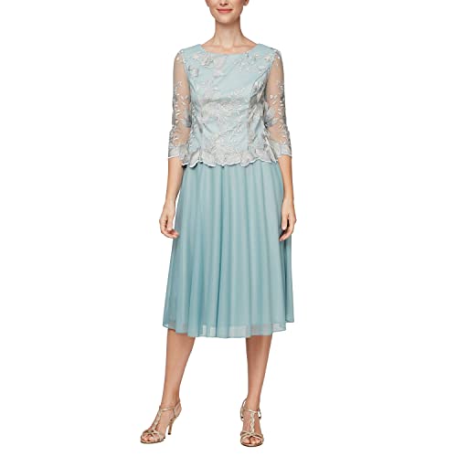 Image of Alex Evenings Women's Tea Length Embroidered Bodice Mother of The Bride Gown, Wedding Guest Dress (Petite and Regular Sizes)