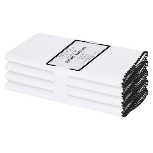 Cotton Clinic Cloth Napkins with Trim 20x20 Inch 100% Cotton Set of 4 - Everyday Use Table Napkins Soft Durable Washable - Ideal for Dining Weddings Holidays Easter - Dinner Napkins White Black