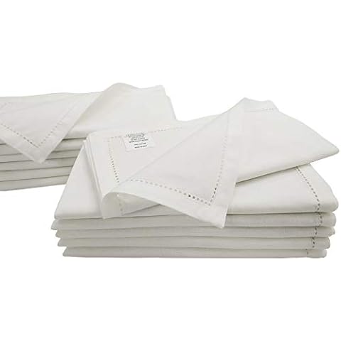 Linen Clubs Set Of 12 White Cloth Dinner Napkins, Over-sized 20x20 Inch Hemstitched Napkins with Mitered corner finish Cover